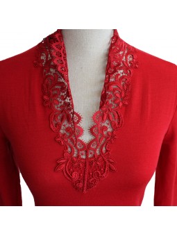 Col dentelles t shirt laine et soie Lea artimaglia madiava rouge