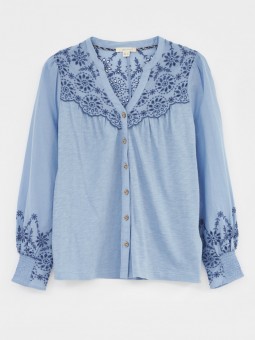 chemise brodée bleue white stuff 433007 vue de face